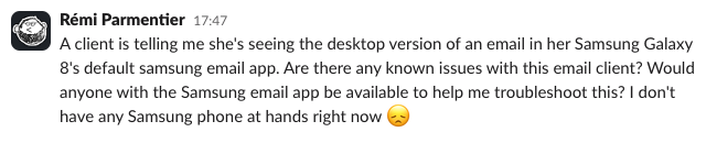 A screenshot of my cry for help in Slack.